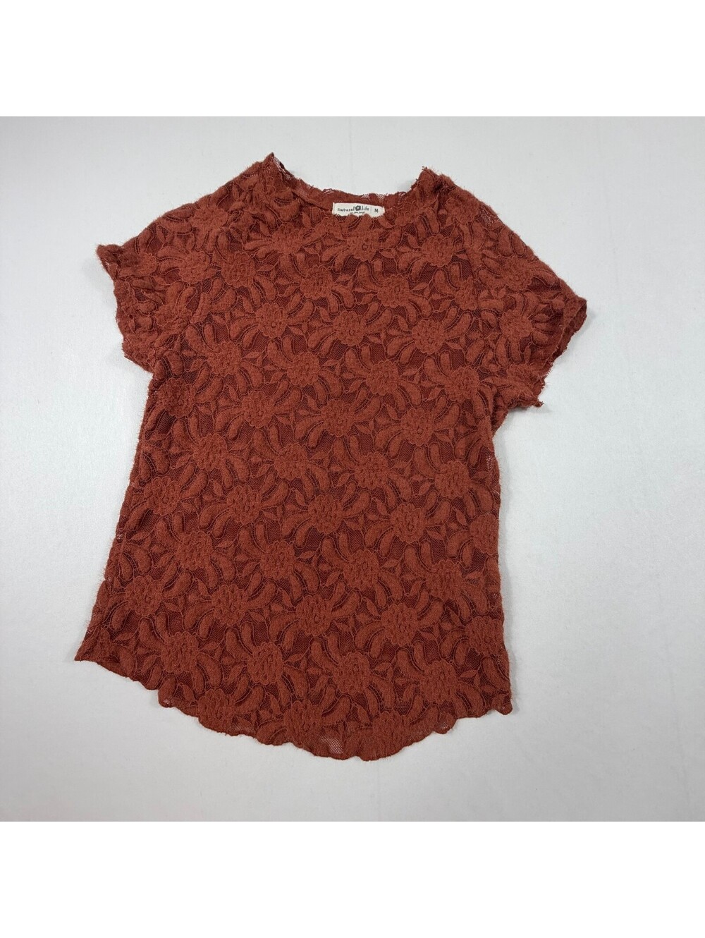 Natural Life Women's Medium Rust Floral Lace Short Sleeve Top